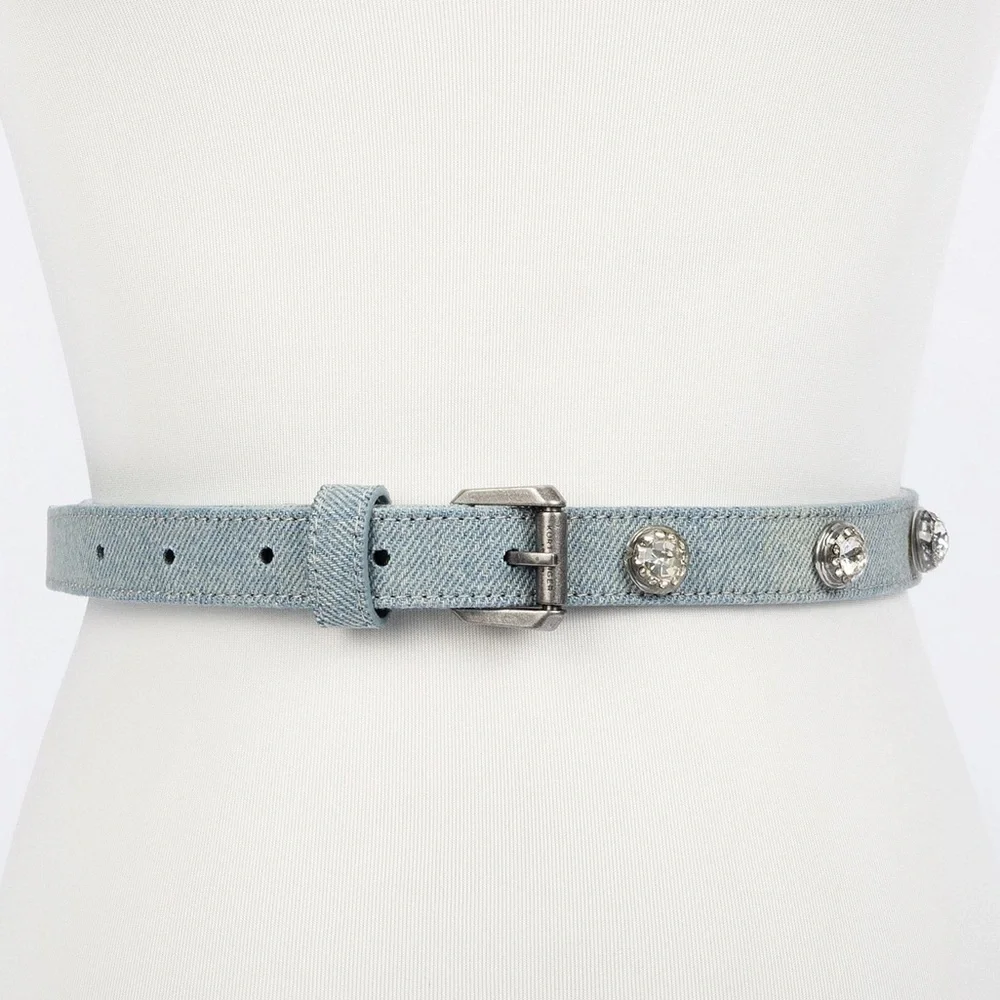 KURT GEIGER HIP BELT WITH OCTAVIA CRYSTAL STUDS LIGHT BLUE DENIM SIZE M/L NWT